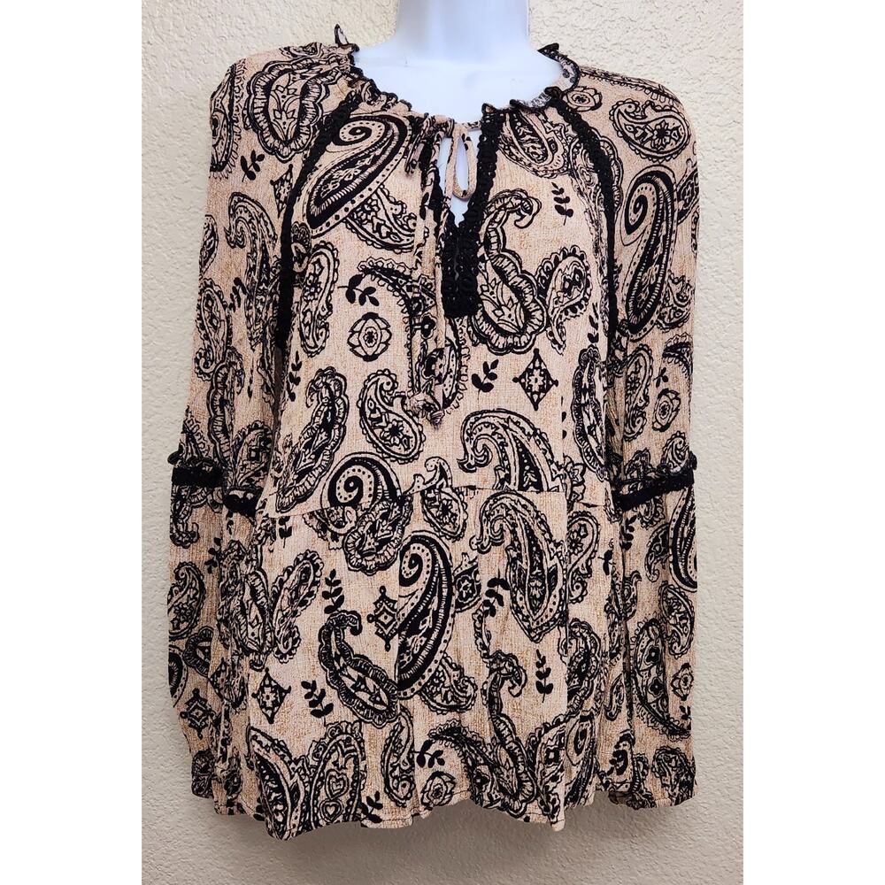 Knox Rose Tan Black Paisley Print Tie Bodice Top Small Lightweight Pleated Hem